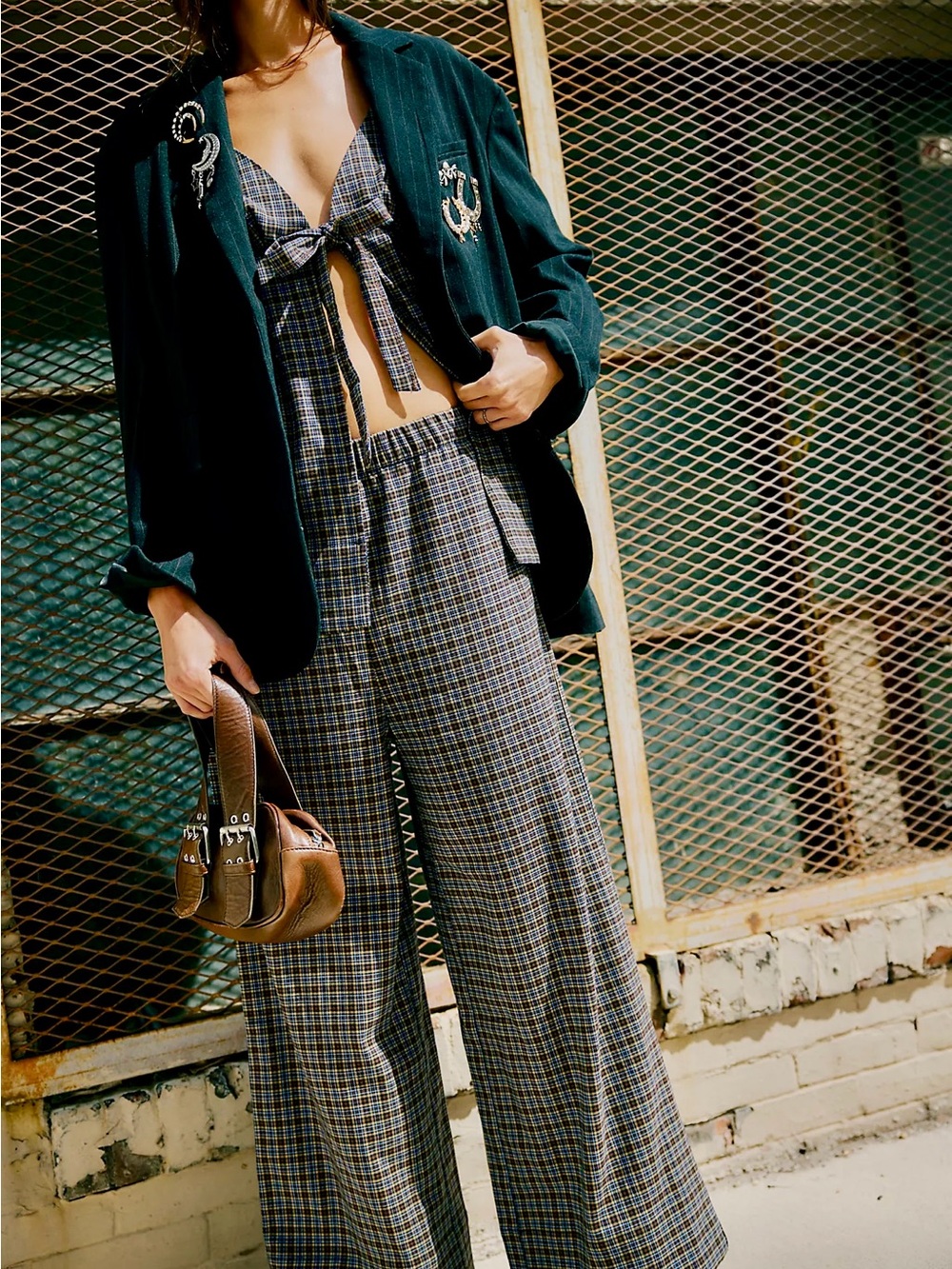 Free People Gray Plaid Wide-Leg Pants with matching top Brown Accents